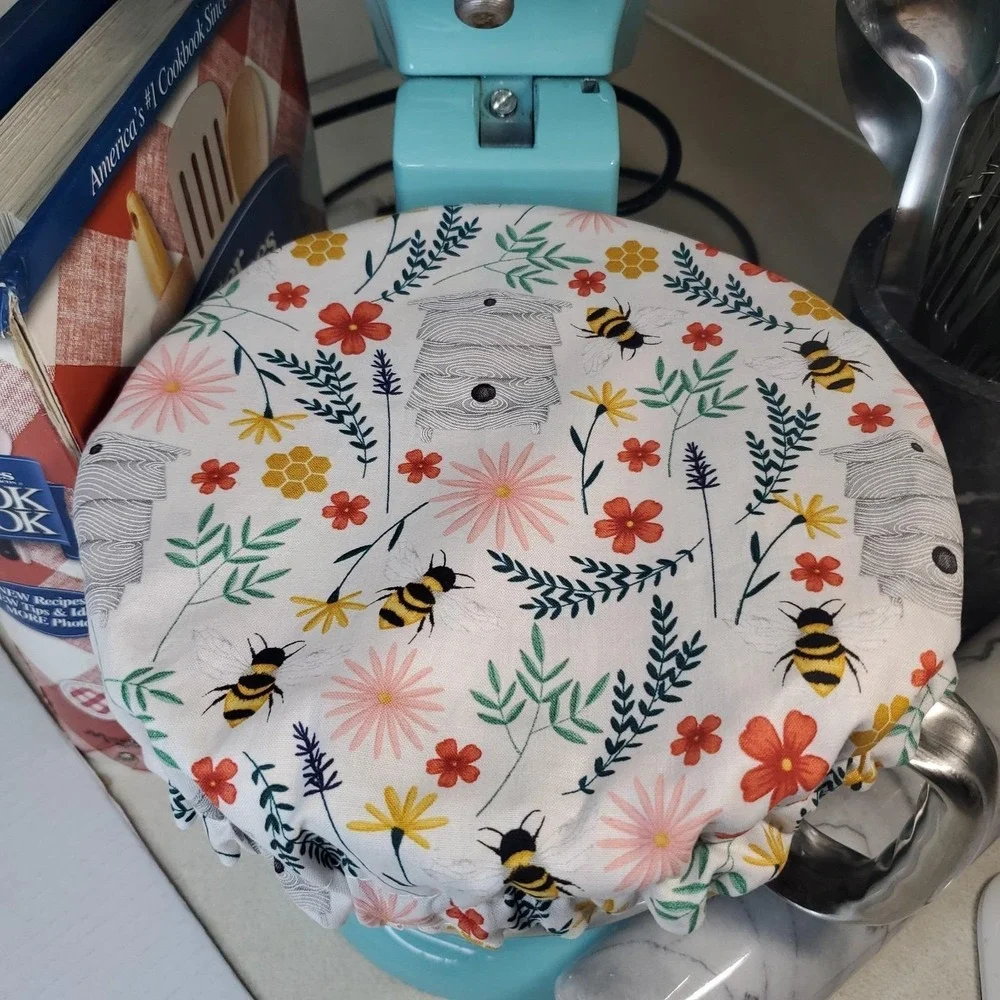 Floral Bee Hive / Marbled Reversible KitchenAid Mixer Mixing Bowl Cover Decor